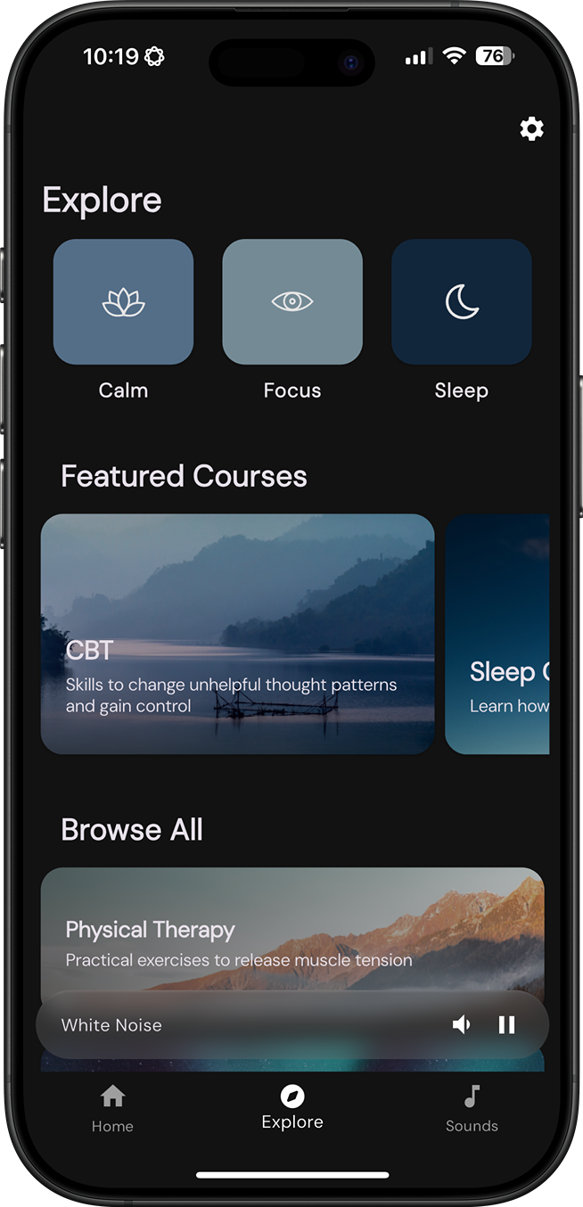 The Oto app showing the Explore screen with calm, focus and sleep sessions and soundscapes