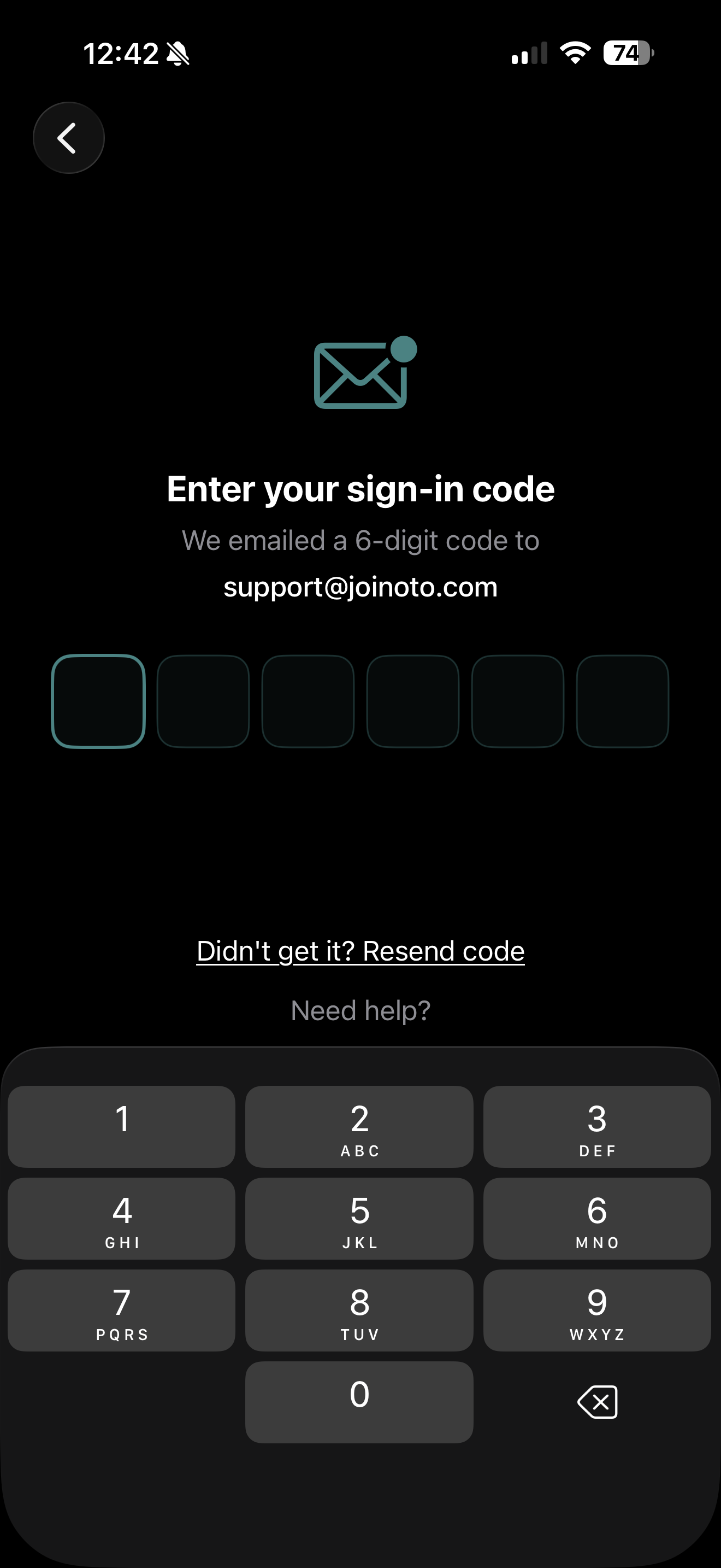 Screen where you type the 6-digit code