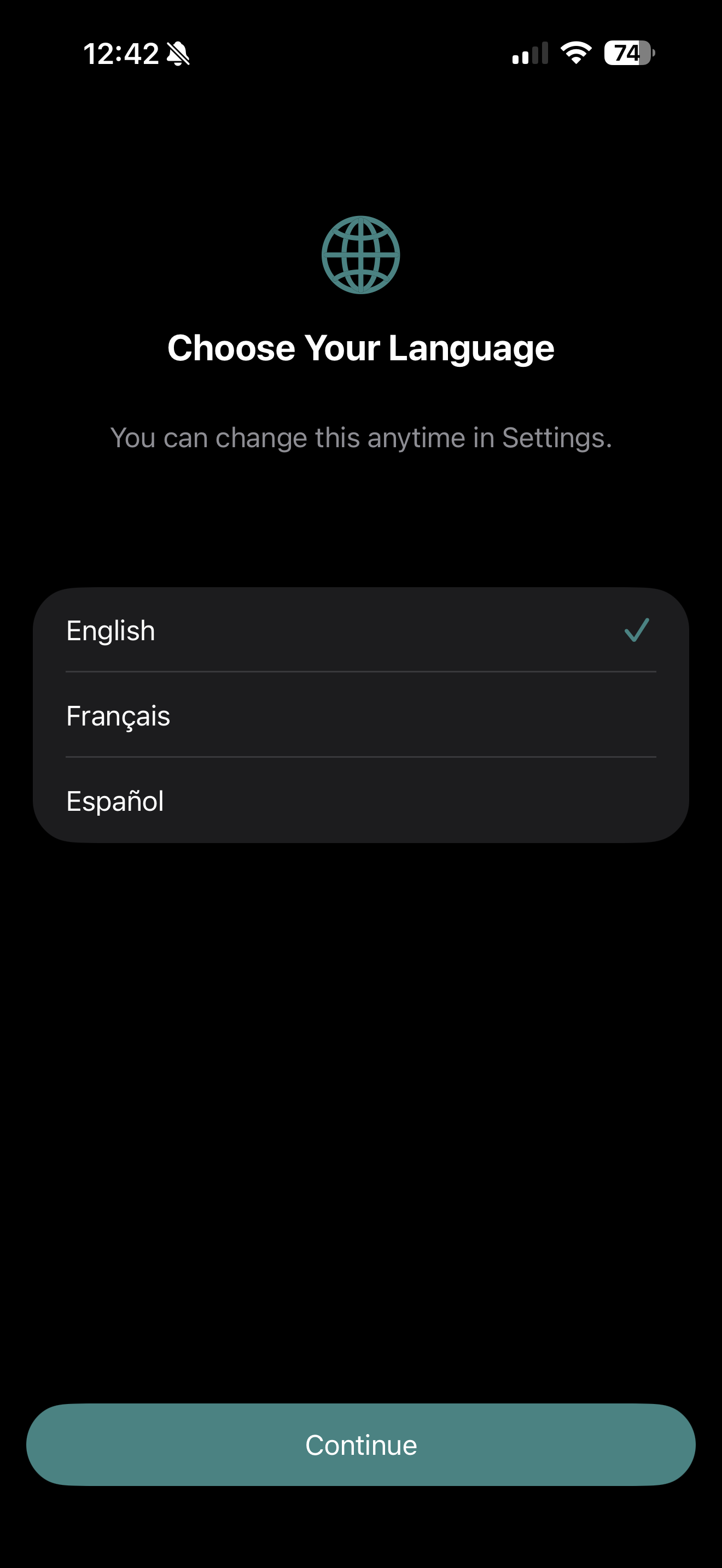 Language choice screen