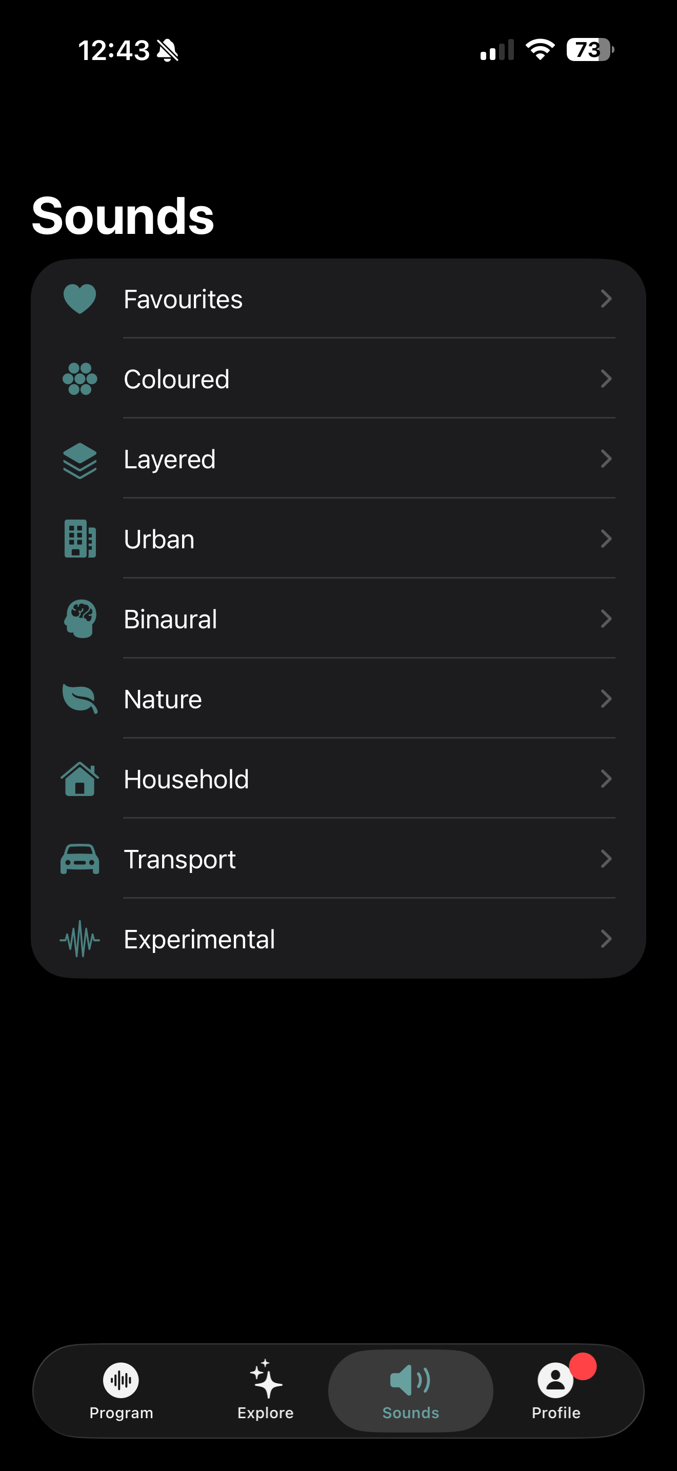 Sounds tab showing the sound categories