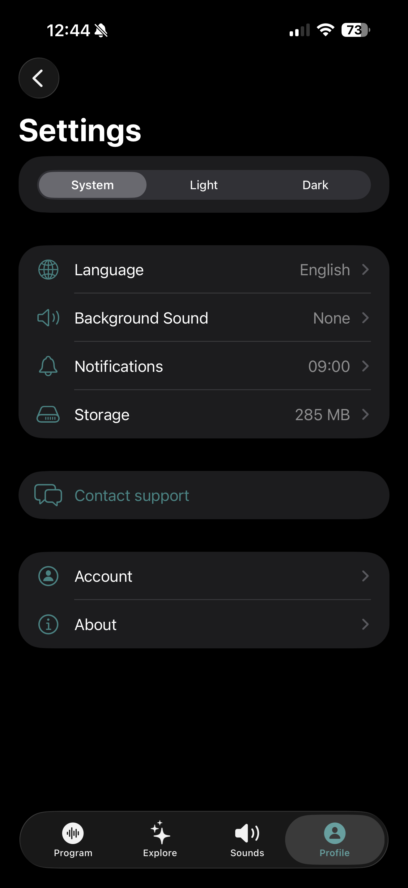 Settings screen, reached with the gear icon in the Profile tab