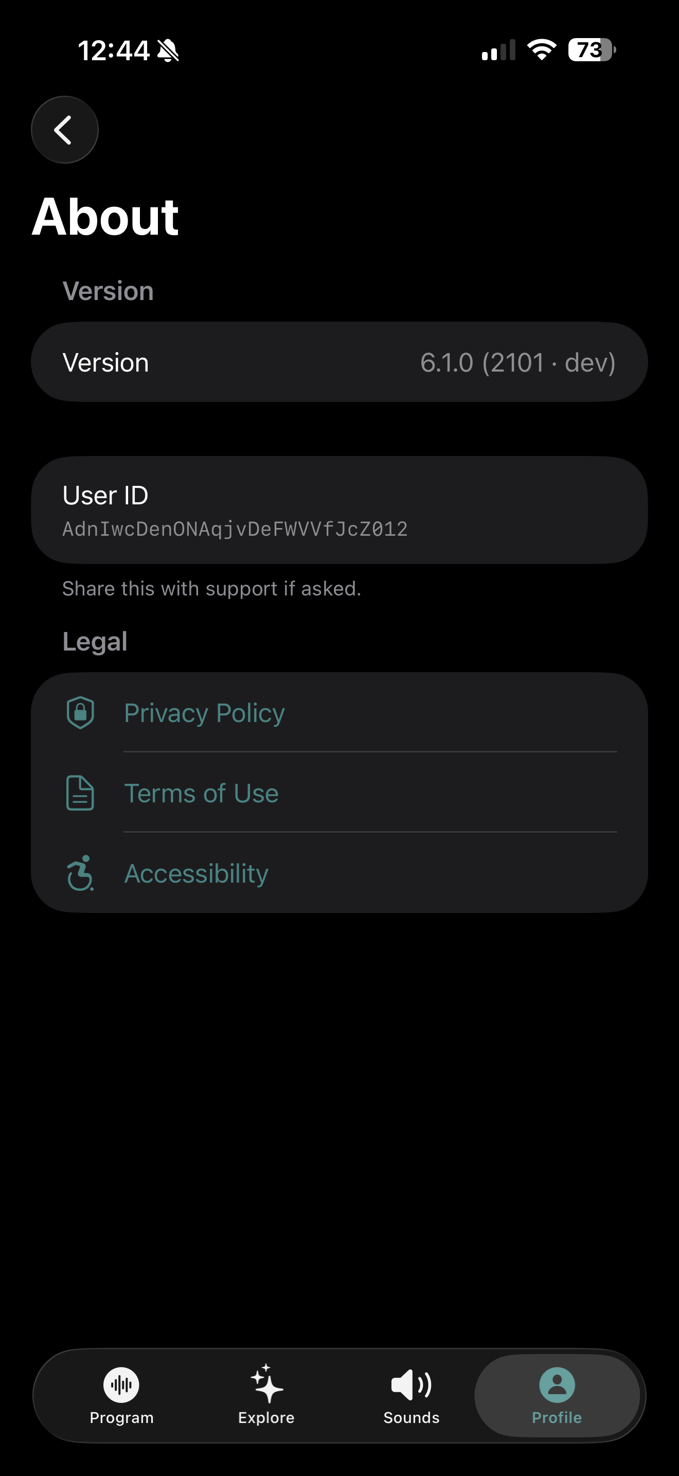 About screen showing your app version and User ID