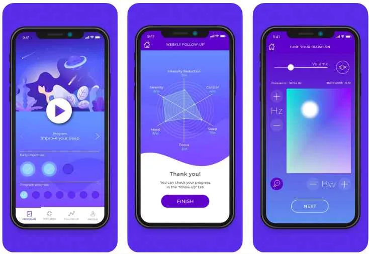 Screenshots of the Diapason app