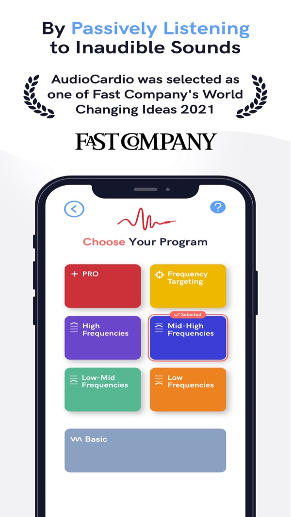 The AudioCardio app showing frequency-targeting program options