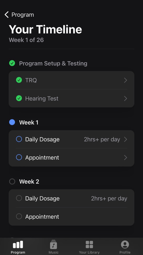 The Neuromonics app showing a six-month program timeline