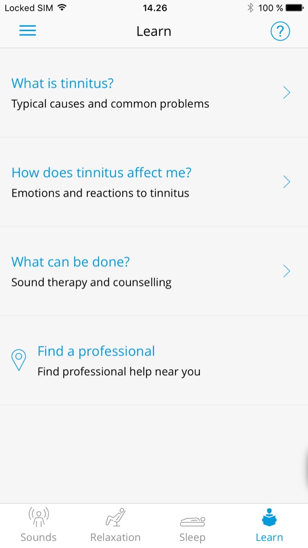 The Widex Zen tinnitus management app learn screen