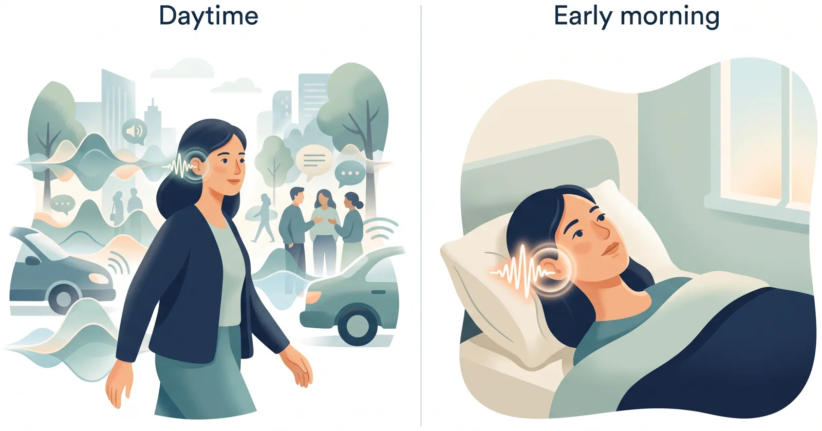Diagram comparing daytime, when ambient sound blends with tinnitus, and early morning, when the same tinnitus stands out in a silent bedroom