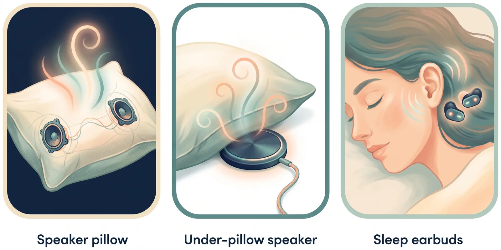Diagram of three ways to play sound at night: a speaker pillow with embedded speakers, an under-pillow speaker disc beneath a pillow, and sleep earbuds worn by a sleeping person