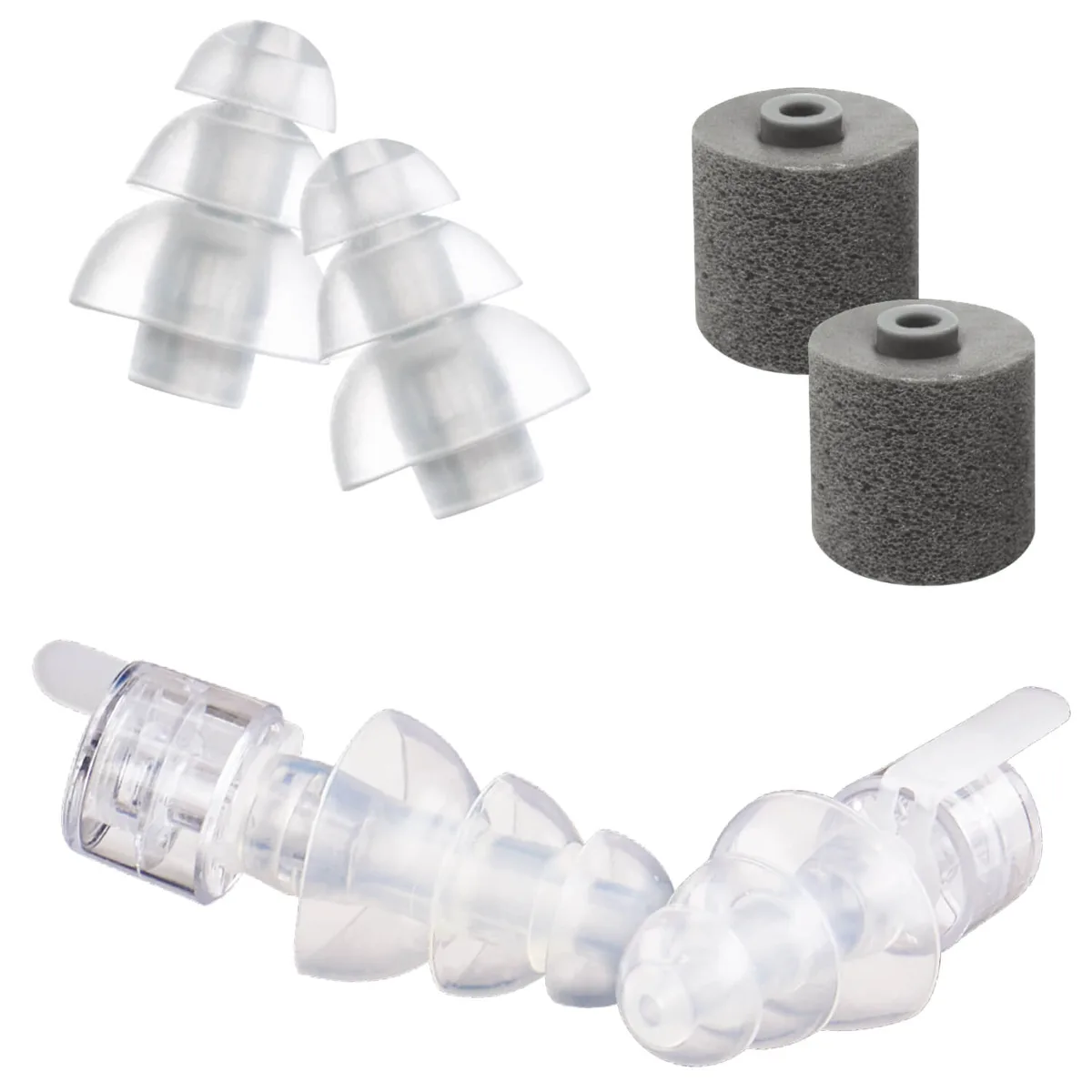 Etymotic ER20XS universal-fit earplugs with clear triple-flange tips and foam tips