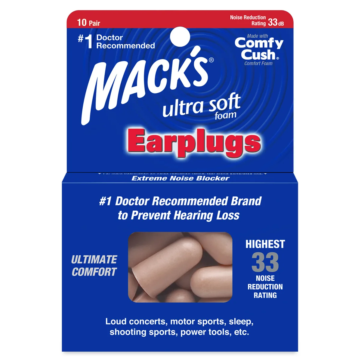 Retail box of Mack's Ultra Soft foam earplugs with an NRR 33 rating