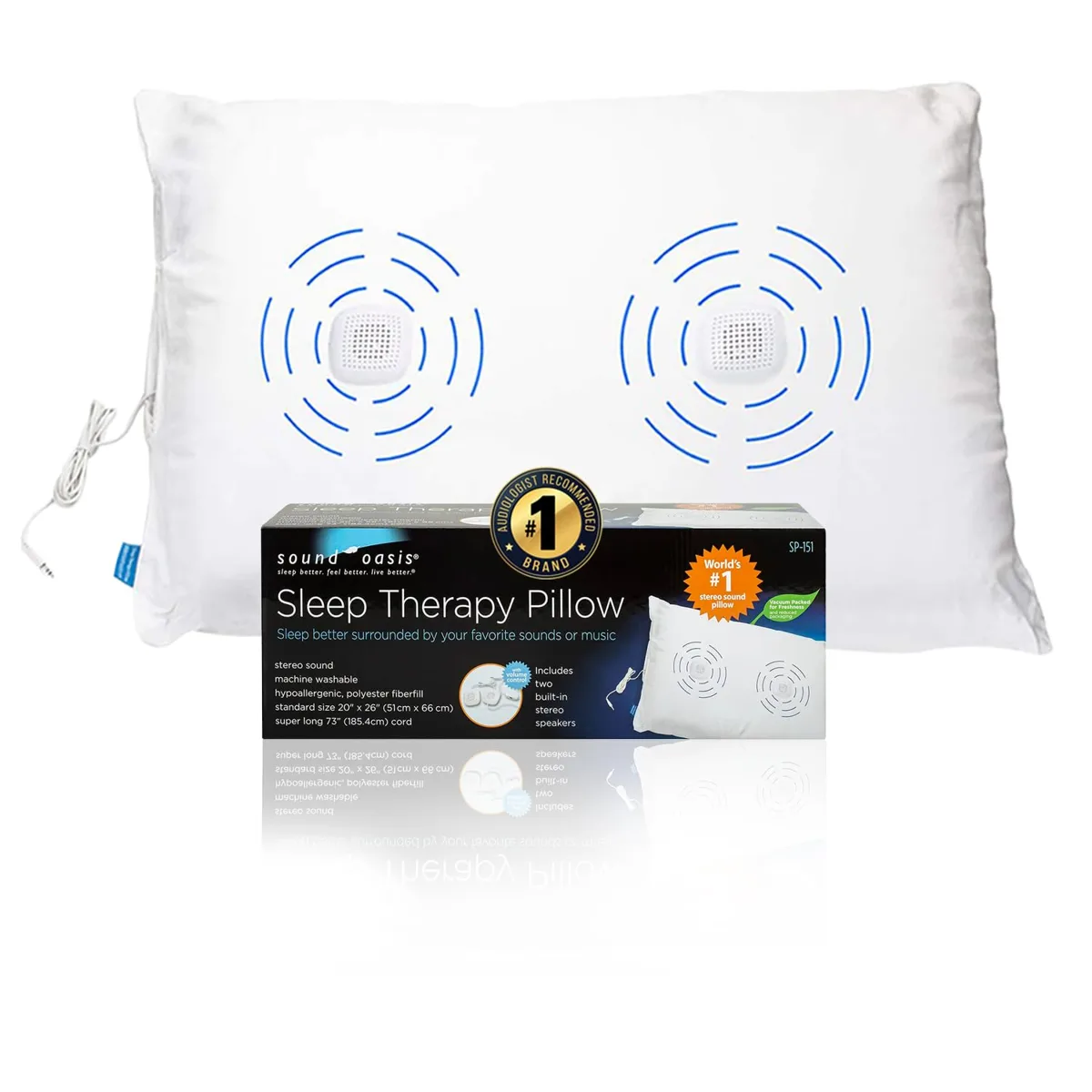 Sound Oasis SP-151 Sleep Therapy Pillow with two embedded speakers and its retail box